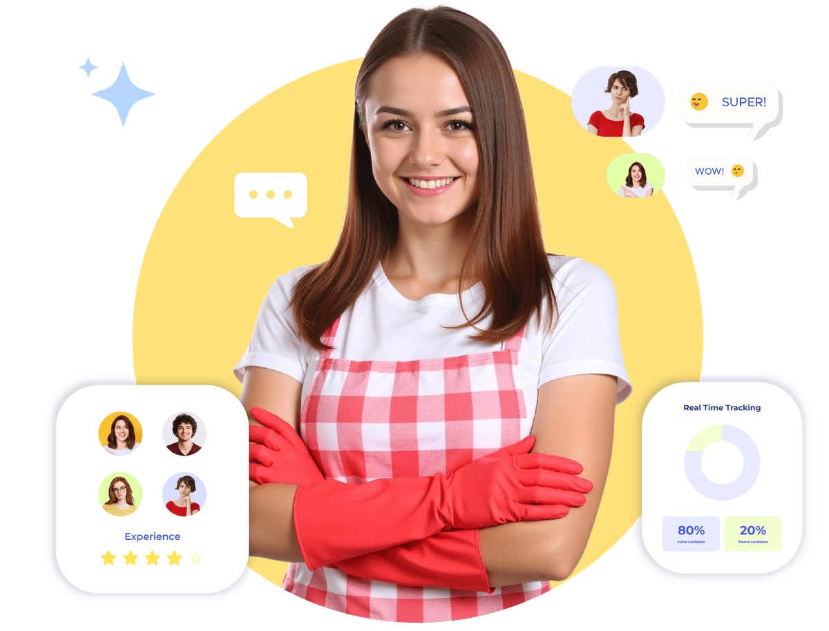 Smiling woman in red gloves beside Krofile's feedback analytics for cleaning schedules and performance tracking.