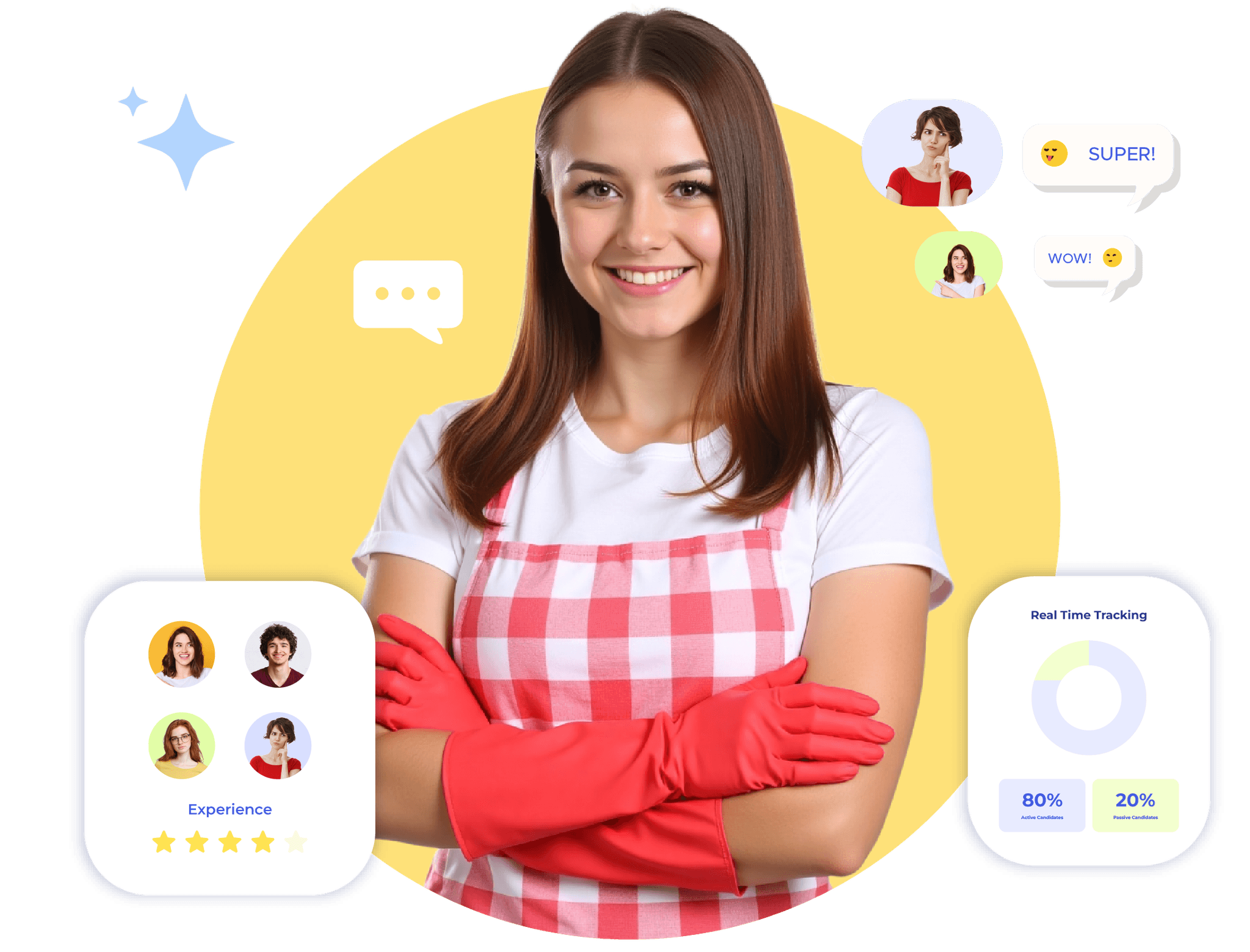 Smiling woman in red gloves beside Krofile's feedback analytics for cleaning schedules and performance tracking.
