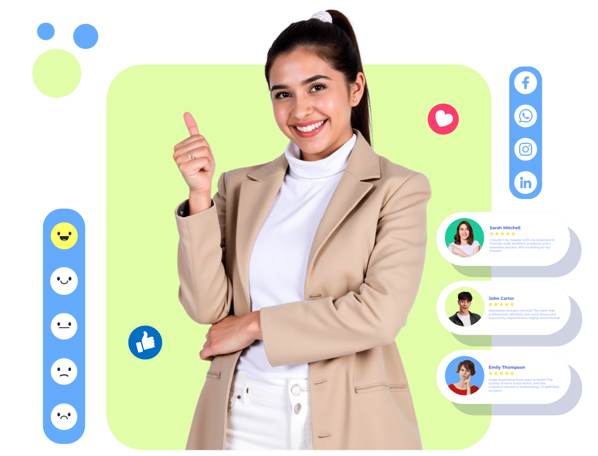 Smiling woman next to customer feedback icons highlighting how Krofile generates more reviews to grow business.