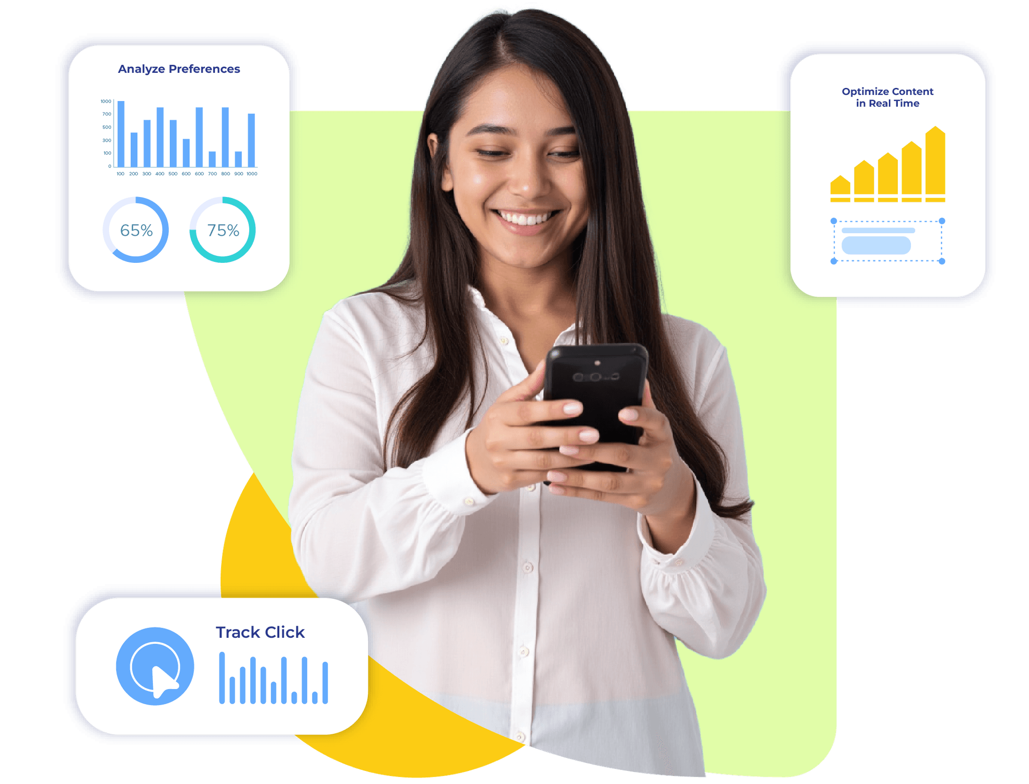 Woman analyzing link clicks and user insights on Krofile to personalize her smart profile in real-time.