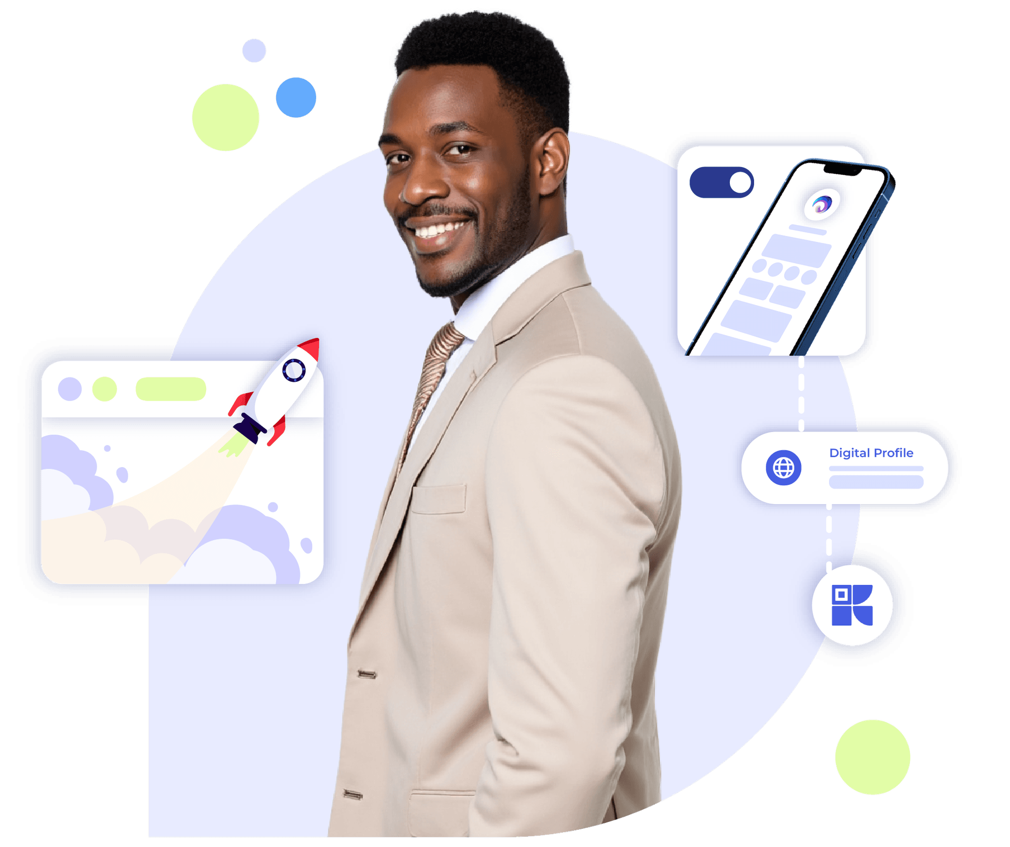 Smiling man with analytics icons, highlighting Krofile tools for growing service-based businesses.