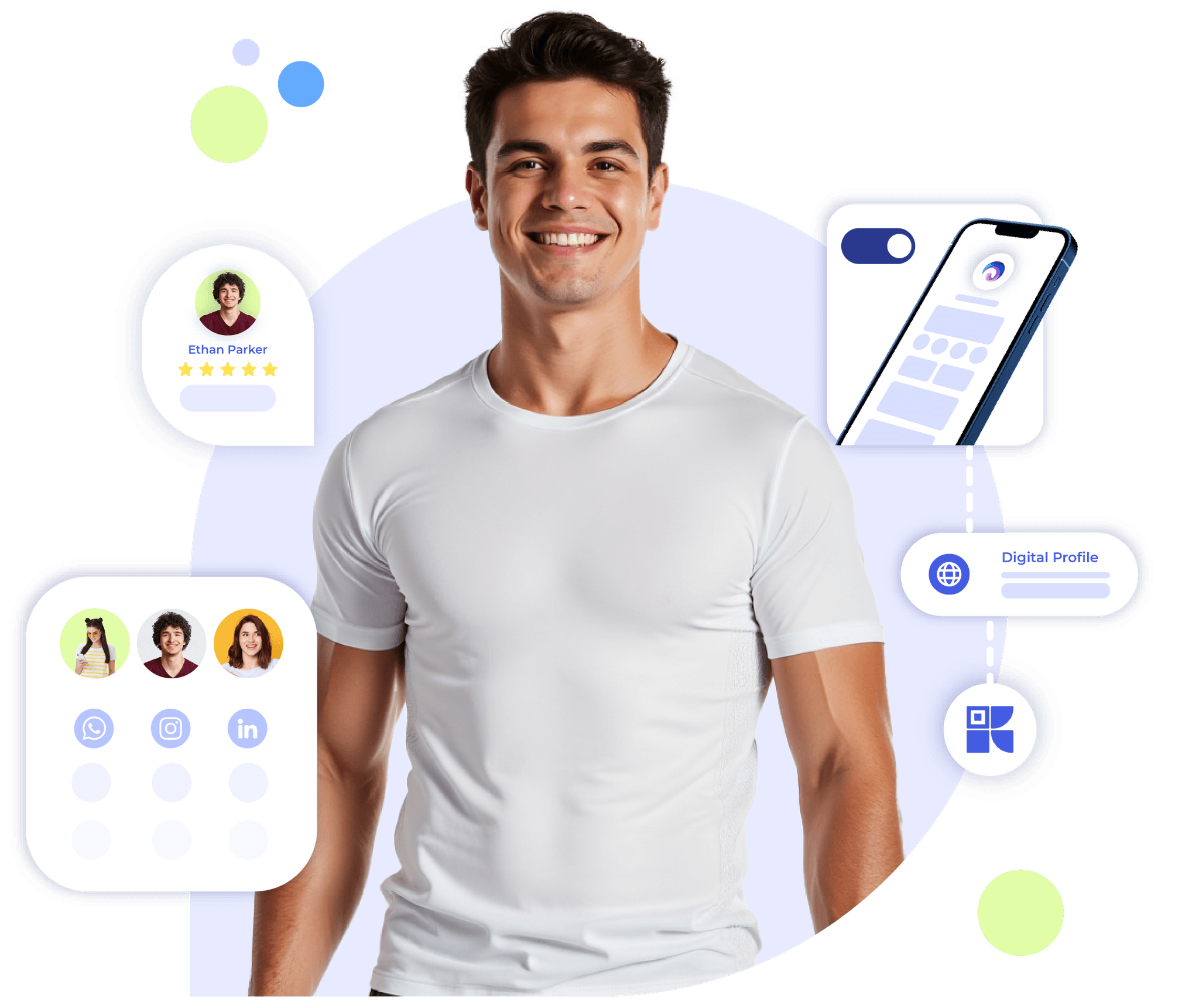 Trainer with digital profile icons showing how fitness pros manage services online with Krofile.
