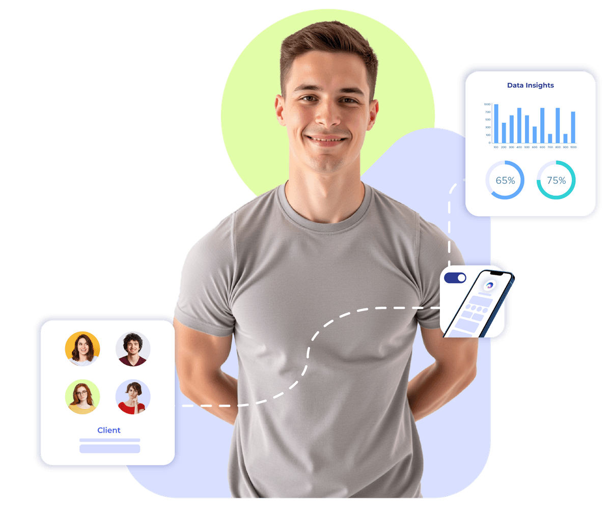 Trainer with charts and phone UI showing how fitness pros track performance and grow with Krofile.