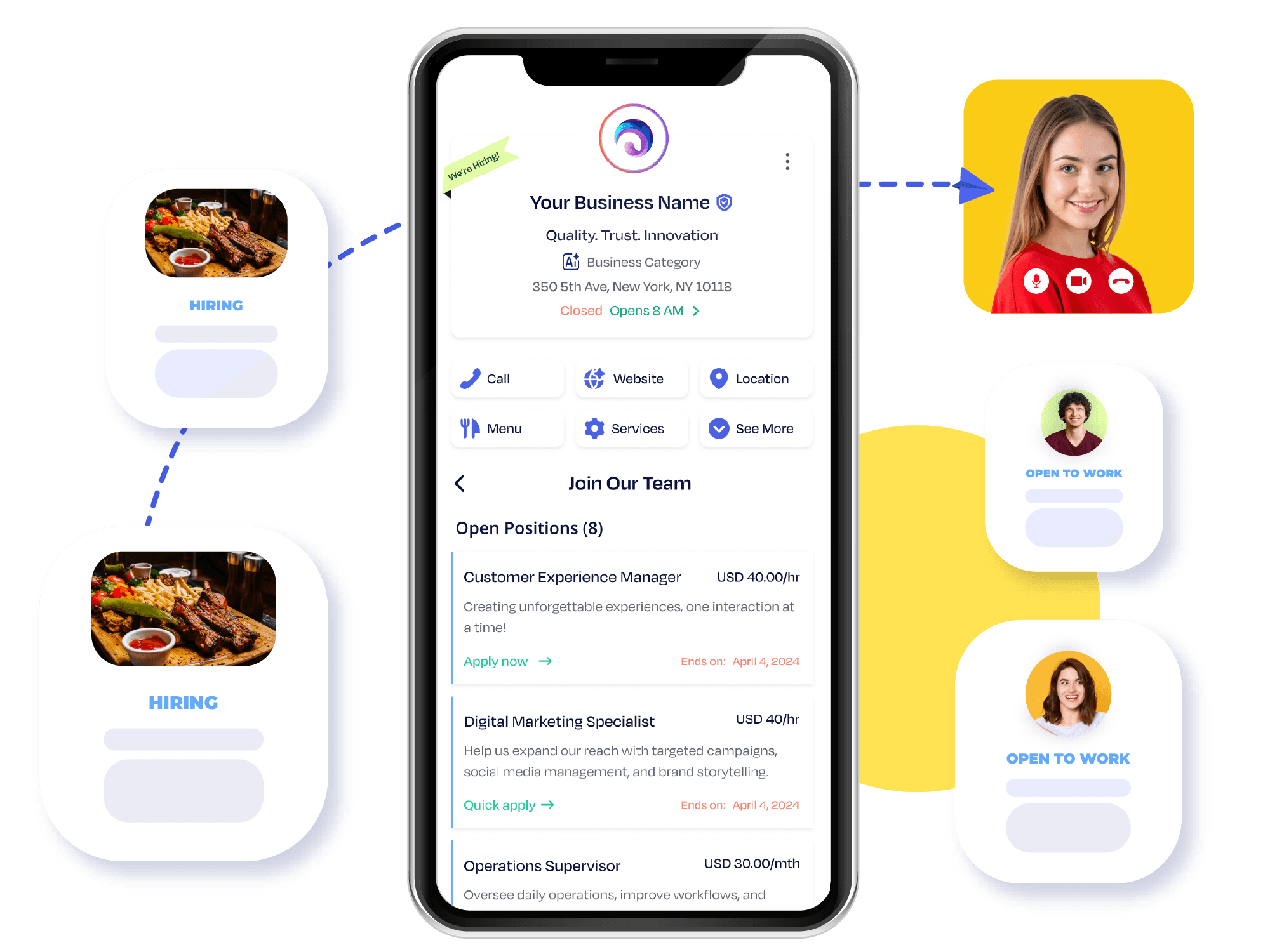 Krofile hiring dashboard displaying job listings and candidate profiles on desktop and mobile screens.