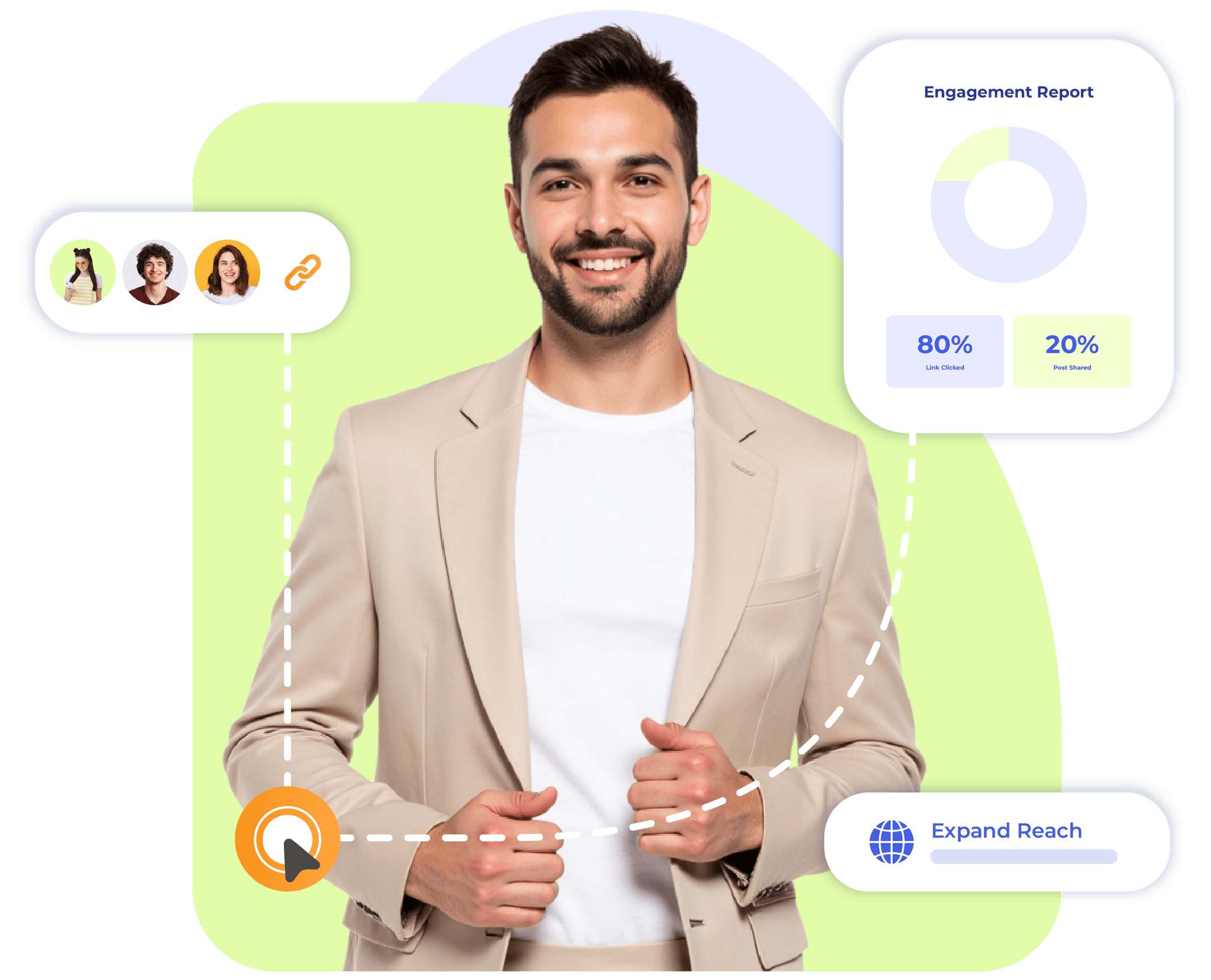 Smiling man with analytics visuals promoting Krofile as an all-in-one link in bio tool for customer engagement.